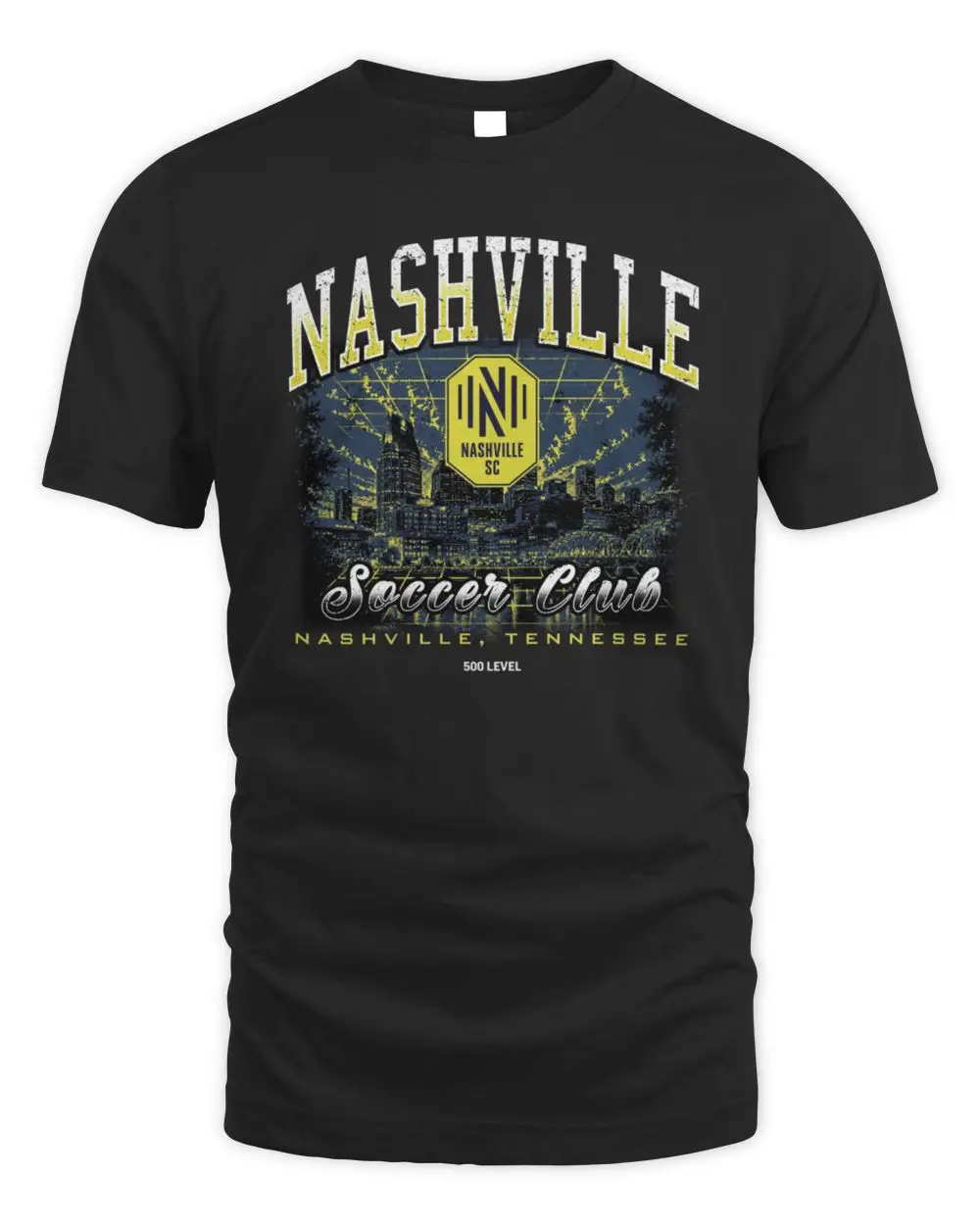 Nashville SC MLS Soccer Club City Skyline Sunset Nashville Tennessee Yellow Crest Black T-Shirt