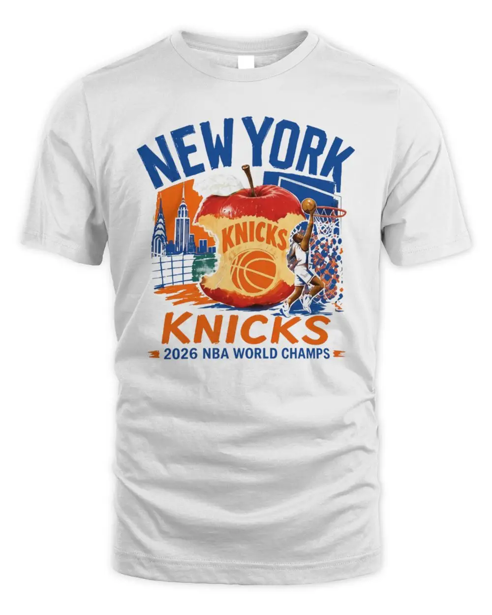 New York Knicks 2026 NBA World Champs Big Apple Skyline Basketball Player White Hoodie
