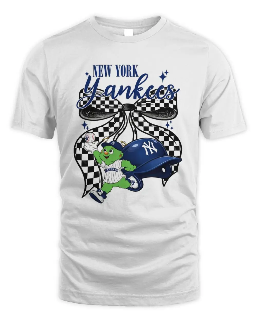 New York Yankees Cute Green Mascot Baseball Player Checkered Bow Helmet Hoodie New York Yankees Cute Green Mascot Baseball Player Checkered Bow Helmet Hoodie - Image 1