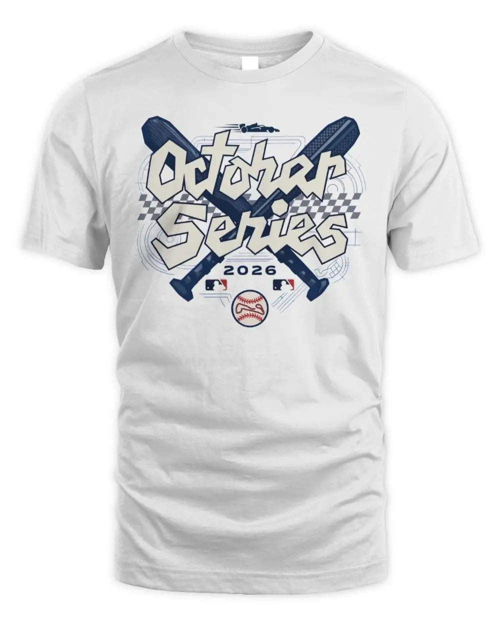 October Series 2026 MLB Crossed Baseball Bats Racing Track Chequered Flag White T-Shirt