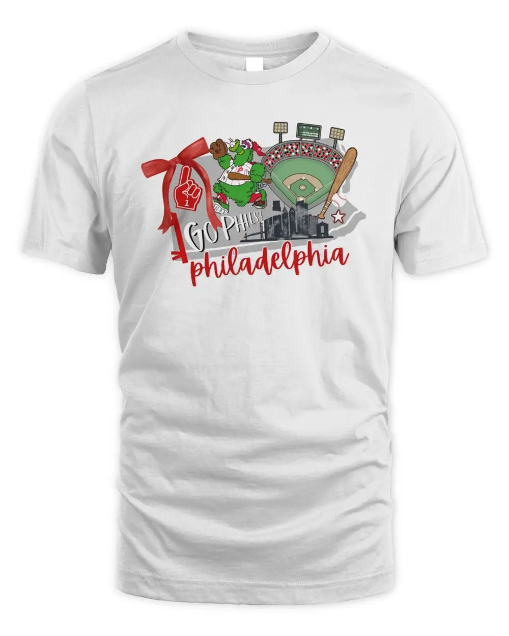 Official Philadelphia Phillies Go Phils Mascot Baseball Stadium City Skyline Red Bow Hoodie