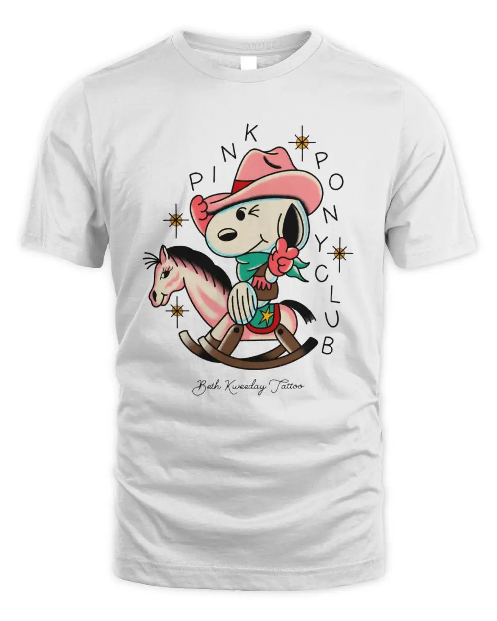 Pink Pony Club Snoopy Cowboy Riding Rocking Horse Traditional Tattoo Art Style Graphic T-Shirt