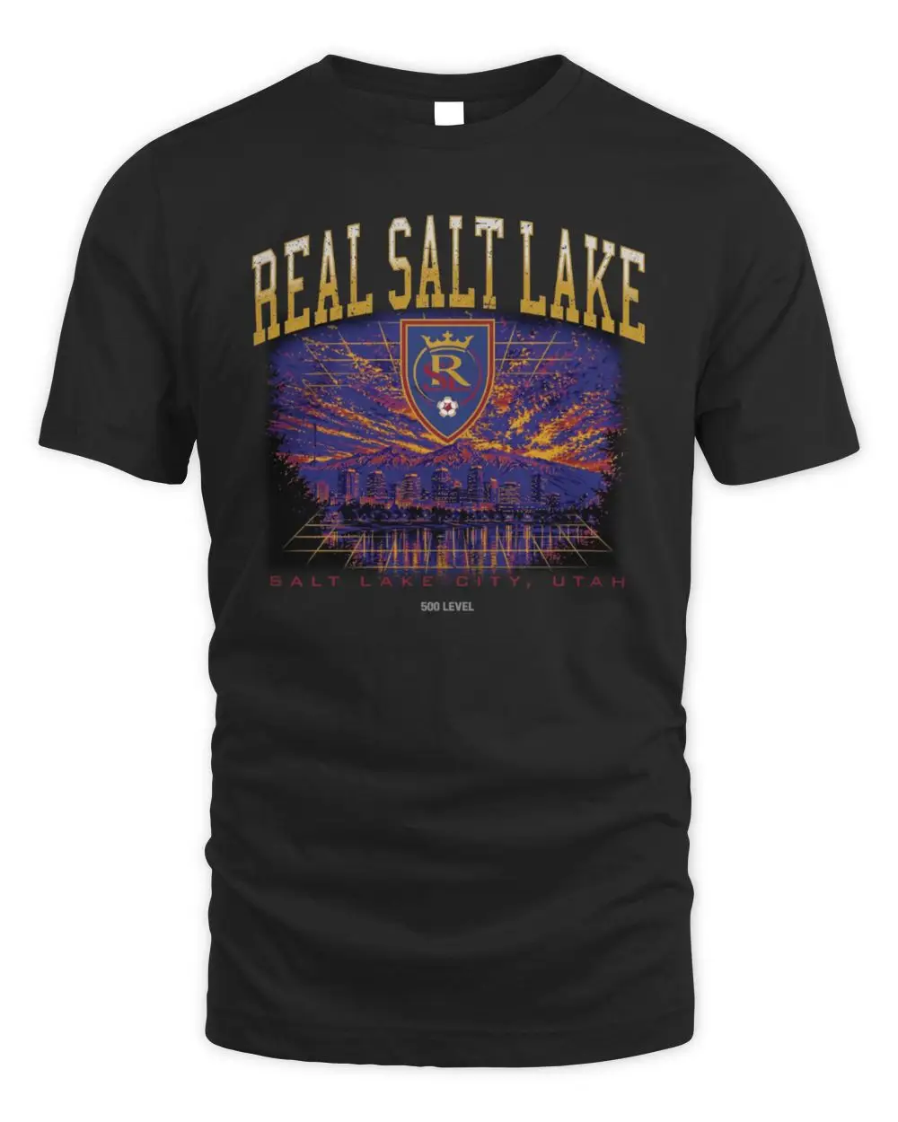Real Salt Lake MLS Soccer Club City Skyline Sunset Utah Gold Crest Black T-Shirt Real Salt Lake MLS Soccer Club City Skyline Sunset Utah Gold Crest Black T-Shirt - Image 1