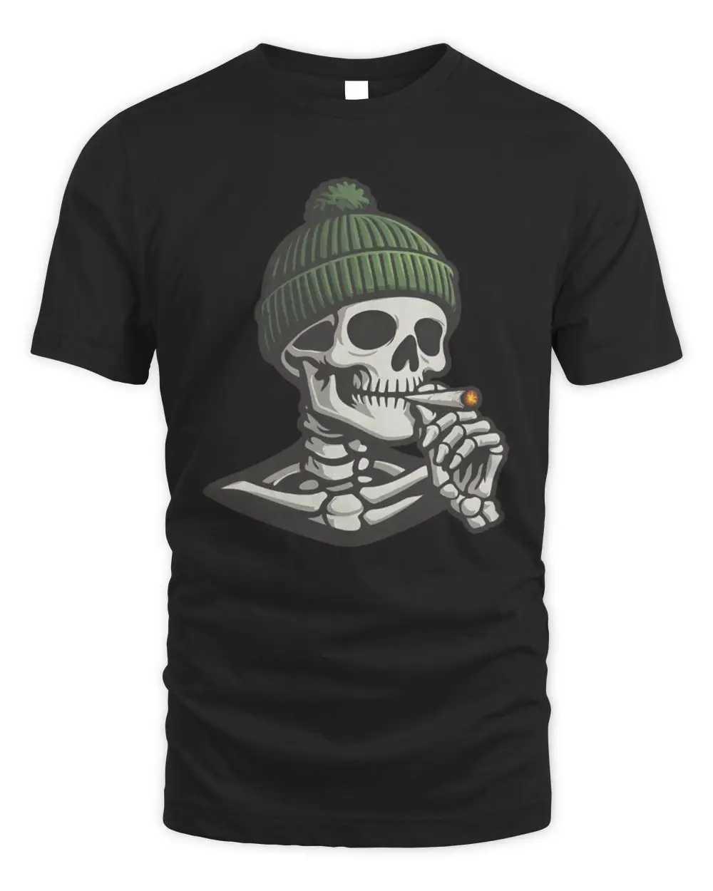 Skeleton In Green Beanie Smoking A Joint Cartoon Illustration Graphic Black Hoodie