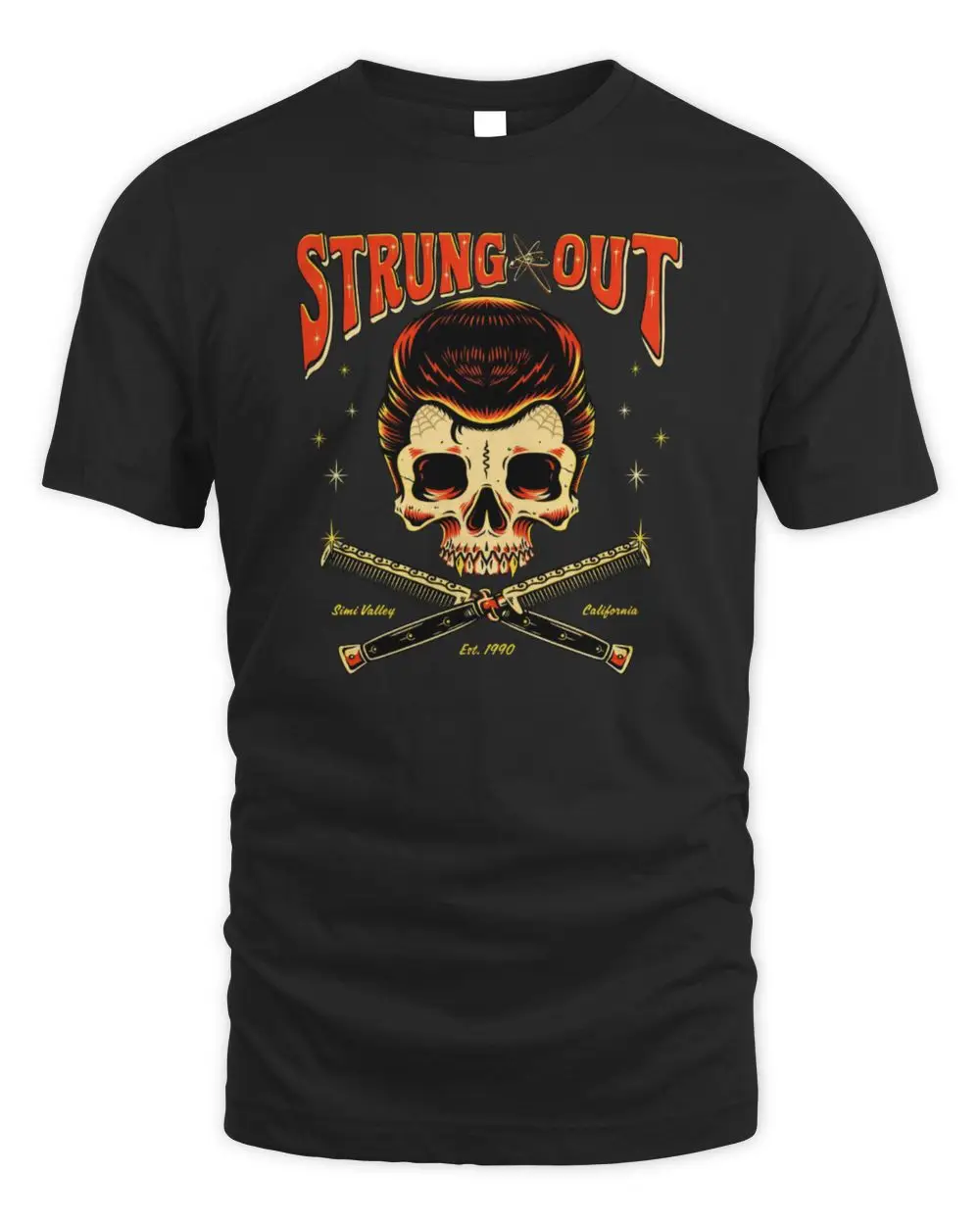 Strung Out Simi Valley California Est. 1990 Rockabilly Skull Razor Comb Graphic T-Shirt
