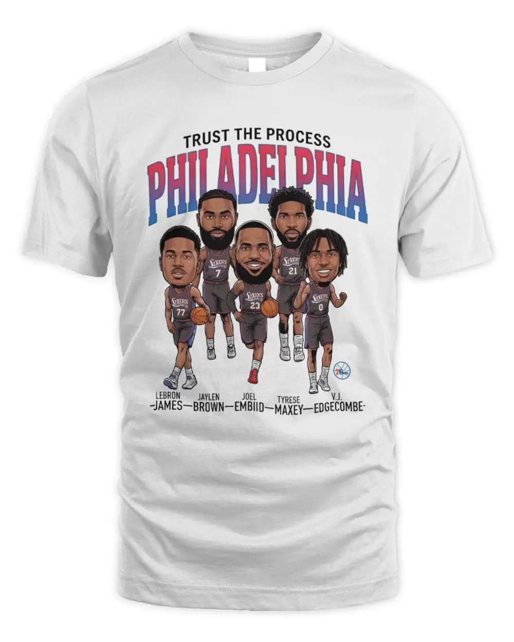 Trust The Process Philadelphia Basketball Stars Lebron James Jaylen Brown Joel Embiid Tyrese Maxey V.J. Edgecombe Caricature Hoodie Trust The Process Philadelphia Basketball Stars Lebron James Jaylen Brown Joel Embiid Tyrese Maxey V.J. Edgecombe Caricature Hoodie - Image 1