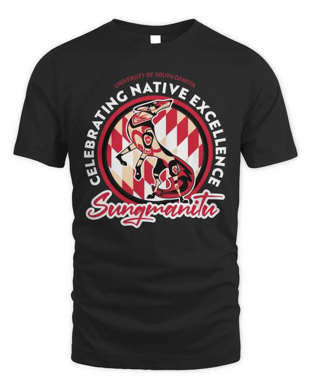 University Of South Dakota Celebrating Native Excellence Sungmanitu Wolf Native American Heritage Black T-Shirt