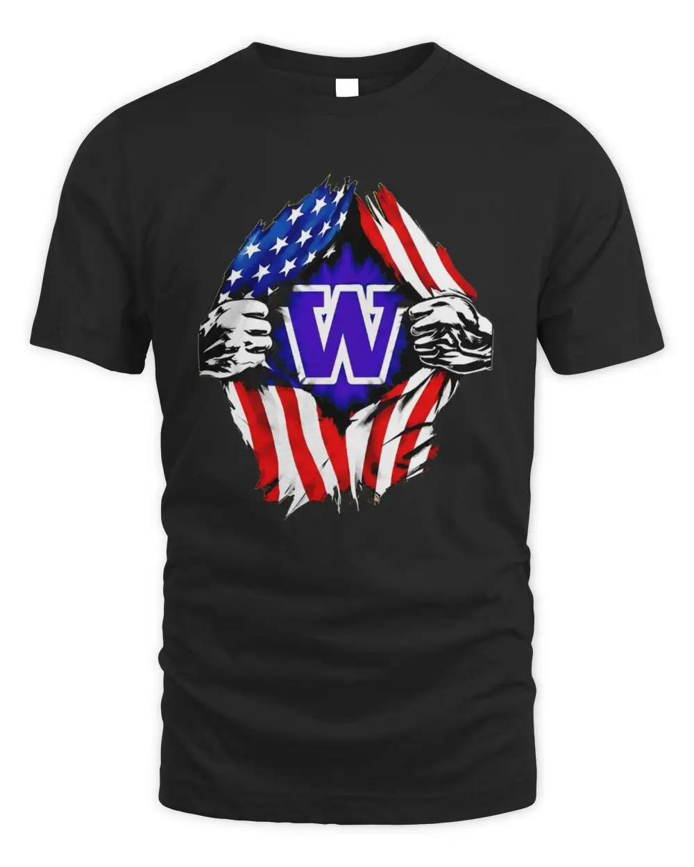 Washington Huskies NCAA College Sports Team Logo Purple Letter W American Flag Ripped Open Chest Graphic Hoodie Washington Huskies NCAA College Sports Team Logo Purple Letter W American Flag Ripped Open Chest Graphic Hoodie - Image 1