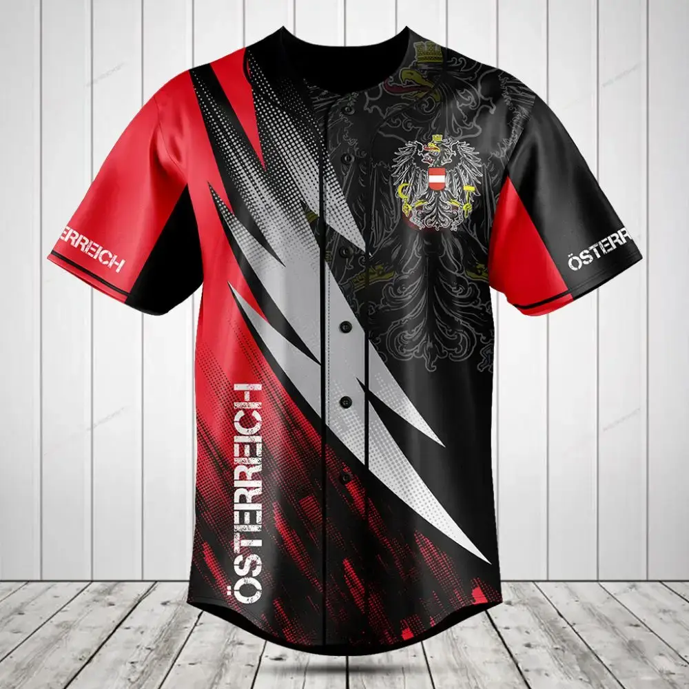 Österreich Flag Baseball Jersey - Stylish Black & Red Design With Crest - Unisex Sportswear Image