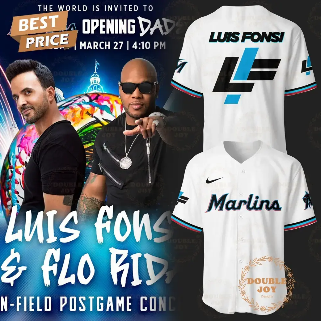 2025 The World Is Invited To Miami Marlins MLB Opening Dade Luis Fonsi and Flo Rida Gift New Edition Baseball Jersey - White Image