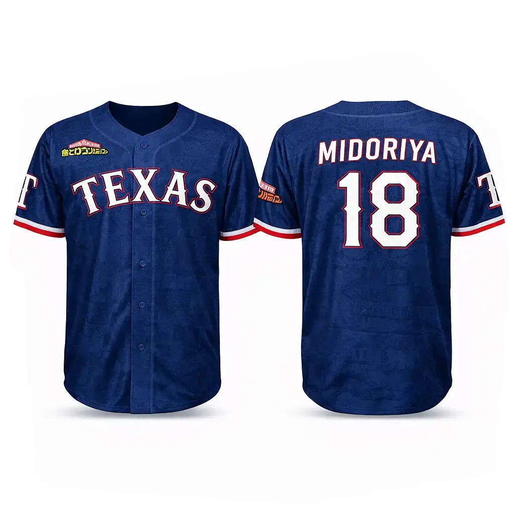 2026 Texas Rangers x My Hero Academia Deku Custom Name and Number Baseball Jersey Image
