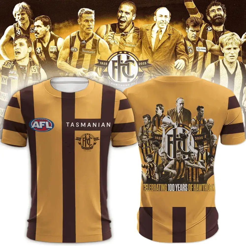 AFL Hawthorn Football Club Jersey Celebrating 100 Years Of Hawthorn Merch Gifts For Husband Image