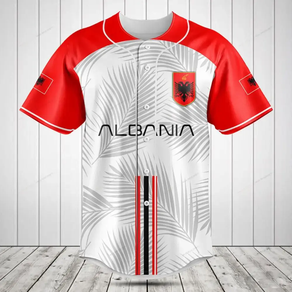 Albania Baseball Jersey - Stylish Red & White Palm Leaf Design - Perfect Gift Idea! Image