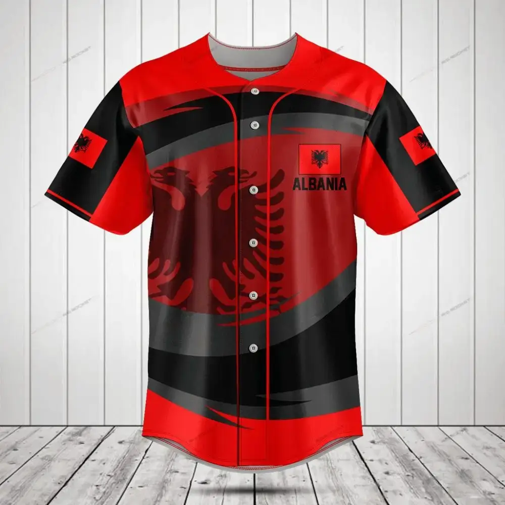 Albania National Flag Baseball Jersey - Stylish Red & Black Eagle Design Image