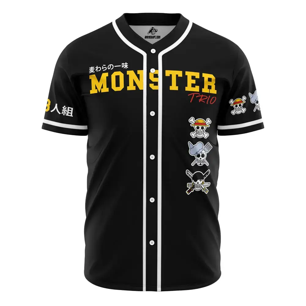 Anime-Inspired 'Monster Trio' Black Baseball Jersey – Bold Design, Perfect Gift For Fans! Image