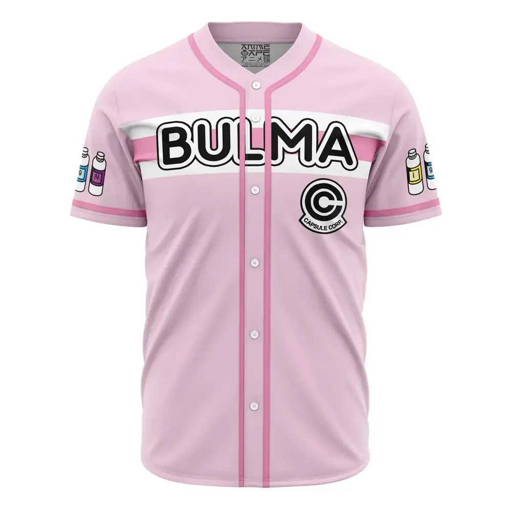 Anime-Inspired Pink Baseball Jersey With Capsule Corp Logo - Trendy Bulma Design Image