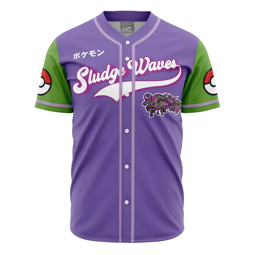 Anime-Inspired Sludge Waves Baseball Jersey – Vibrant Purple & Green Design Image