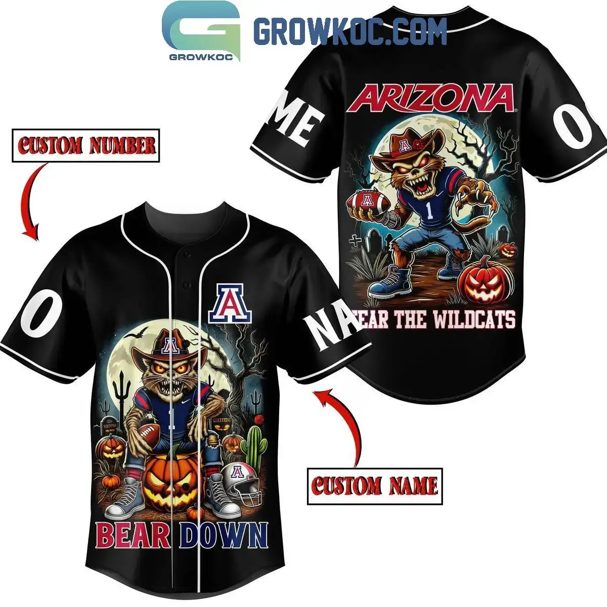 Arizona Wildcats Halloween Bear Down With Fear Personalized Baseball Jersey Image