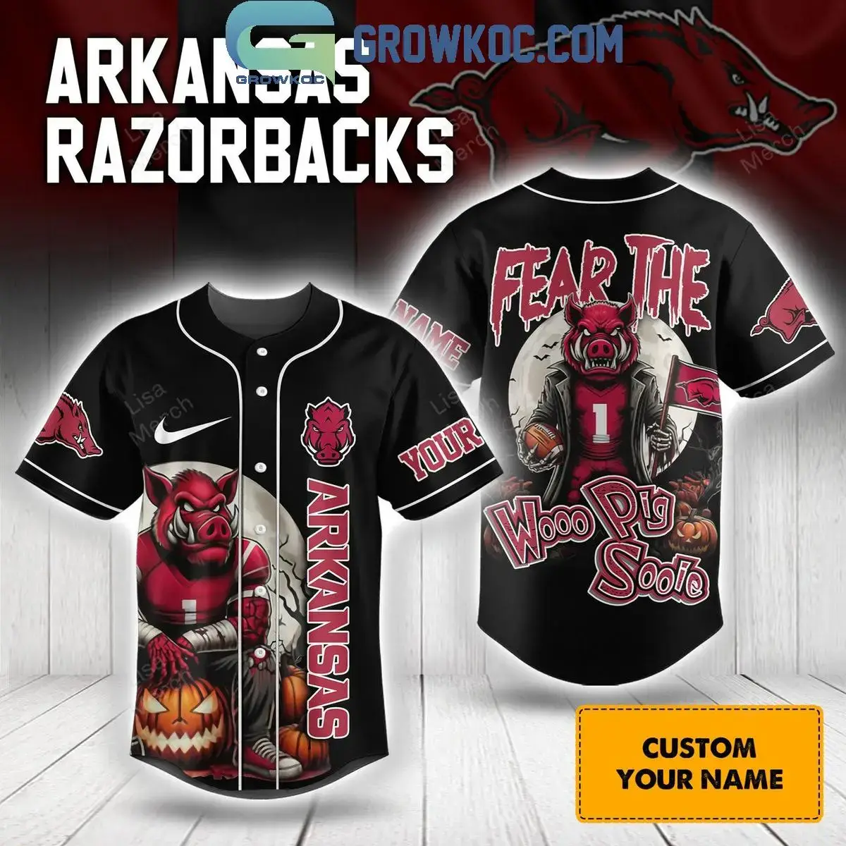 Arkansas Razorbacks Fear The Woo Pig Sooie Halloween Personalized Baseball Jersey Image
