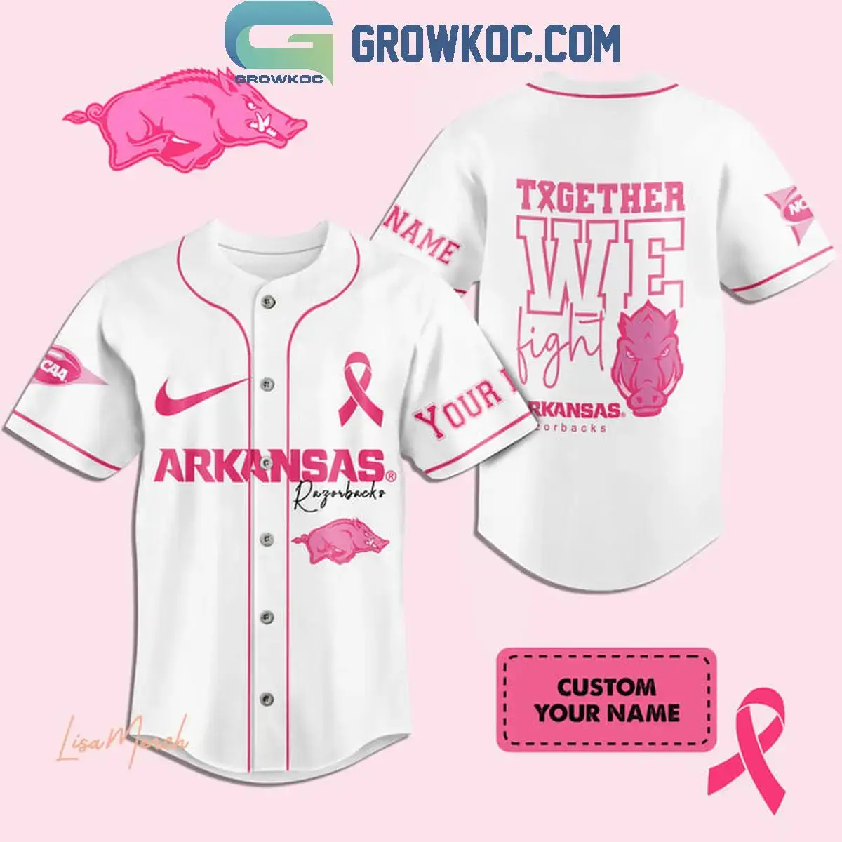 Arkansas Razorbacks Together We Fight Breast Cancer Personalized Baseball Jersey Image