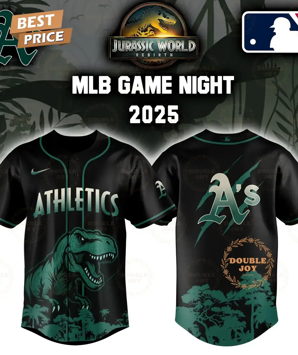 Athletics Jurassic World Rebirth Game Night 2025 Special Edition Baseball Jersey Image