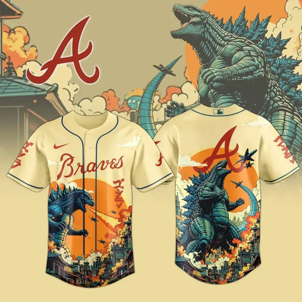 Atlanta Braves Mlb X Godzilla Attack Baseball Jersey Image