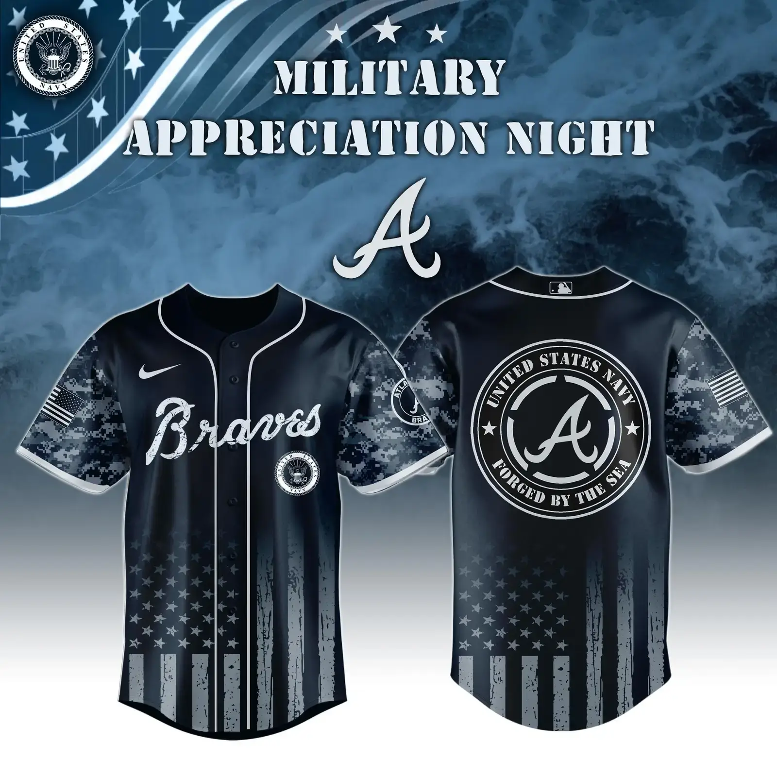 Atlanta Braves x Navy Military Appreciation Night Jersey Cool Baseball Gifts Image