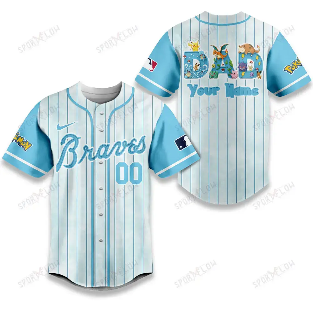 Atlanta Braves X Pokemon Dad Pastel Blue Baseball Jersey Image