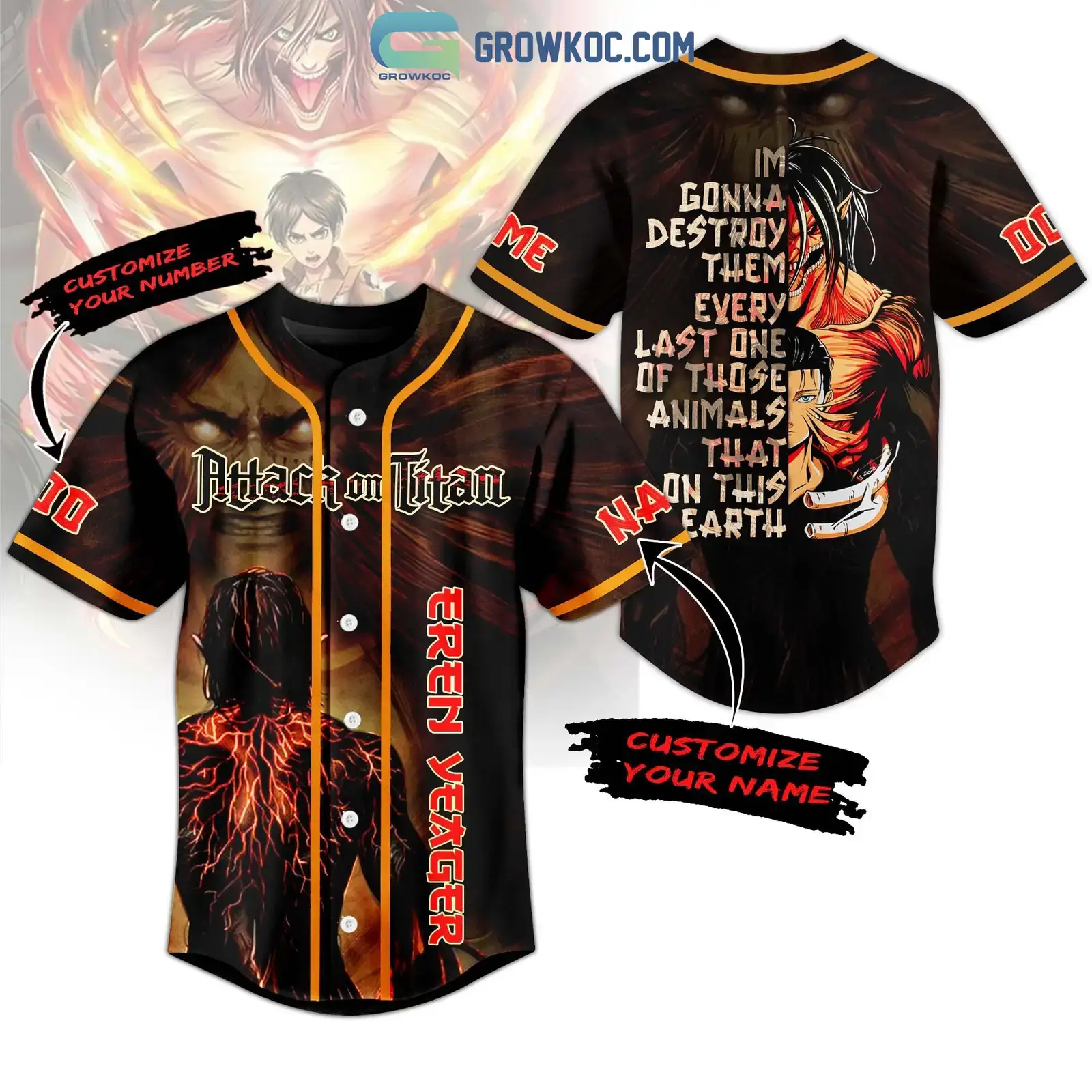 Attack On Titan Eren Yeager Personalized Baseball Jersey Image