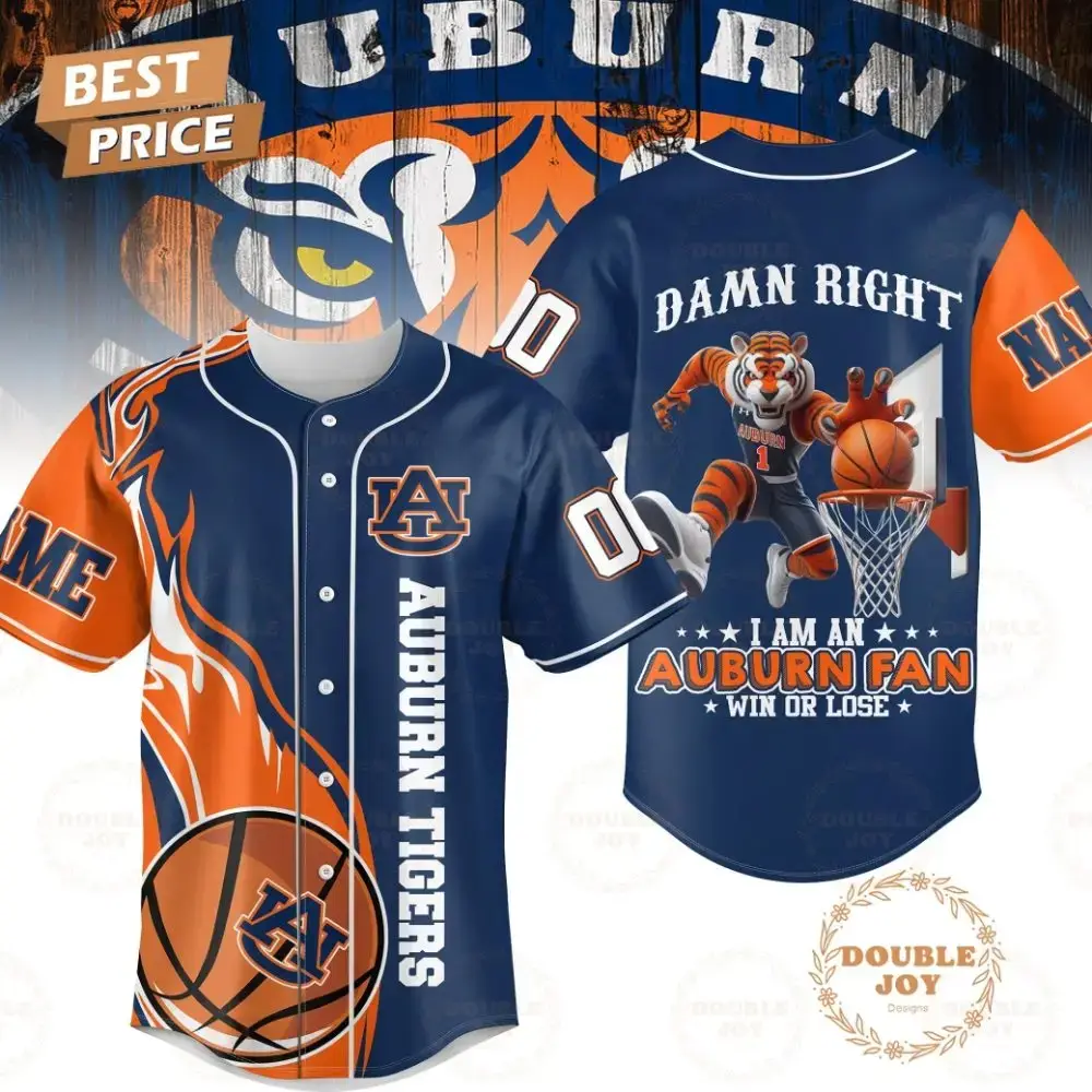Auburn Tigers Damn Right I Am An Auburn Fan Win Or Lose 2025 Custom Name Limited Edition Baseball Jersey Image