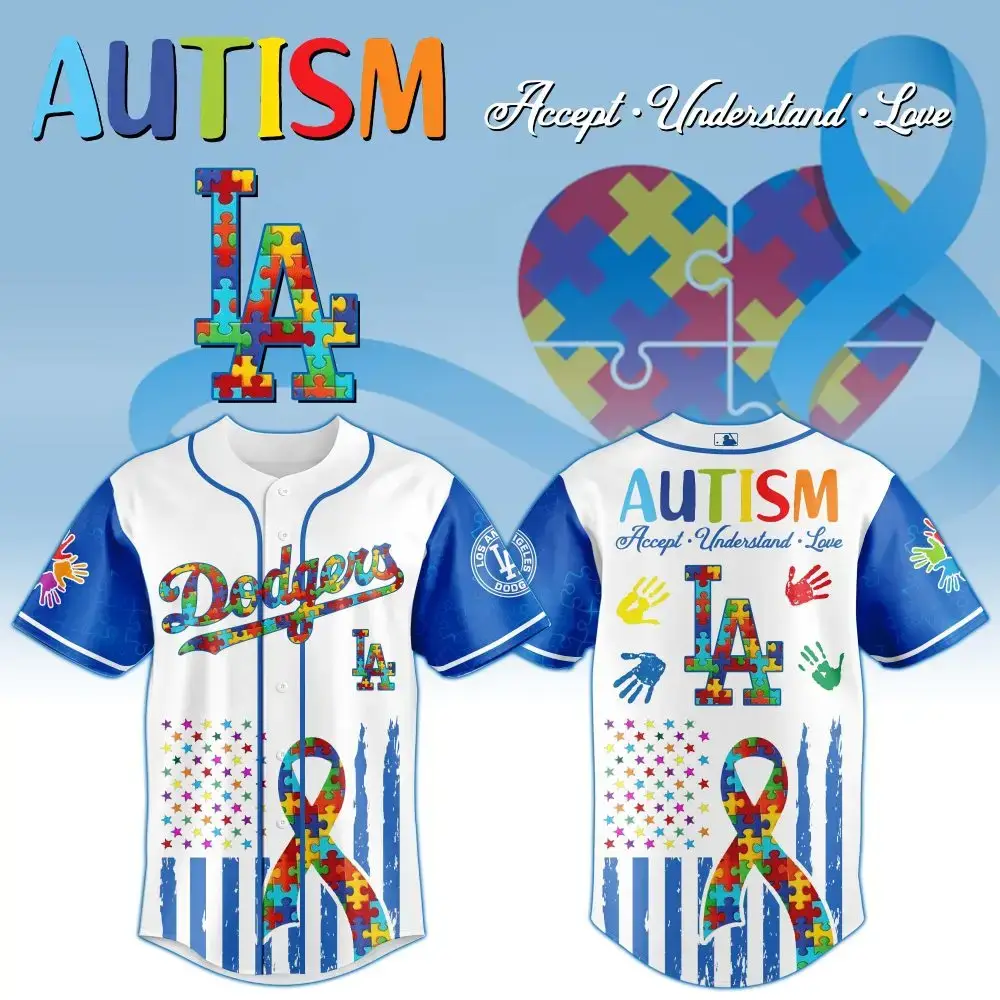 Autism Awareness Baseball Jersey - Colorful Dodgers Puzzle Design, Unisex Support Shirt Image