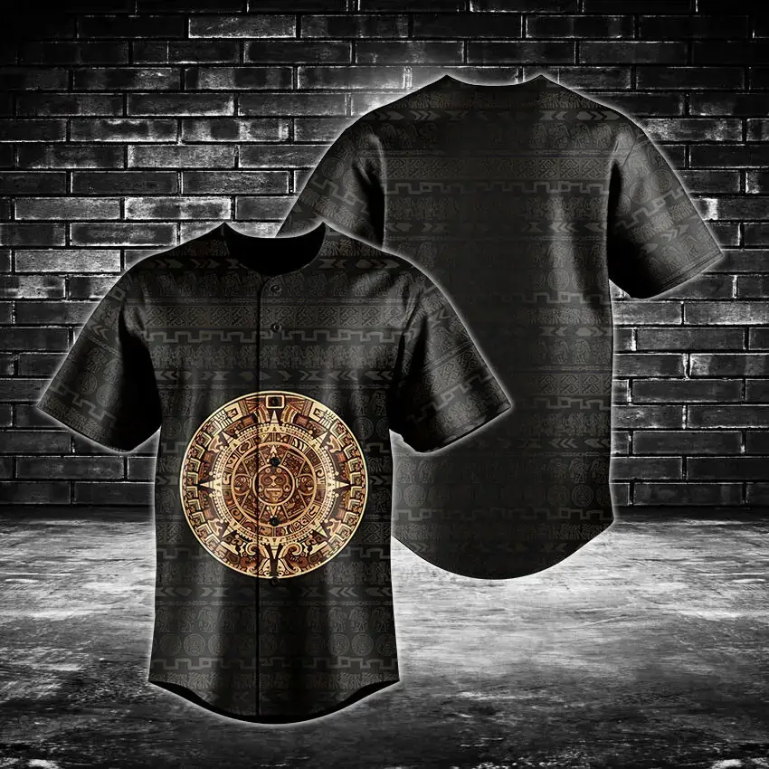 Aztec Calendar Baseball Jersey – Stylish Black & Gold Design, Perfect For Trendy Streetwear Image