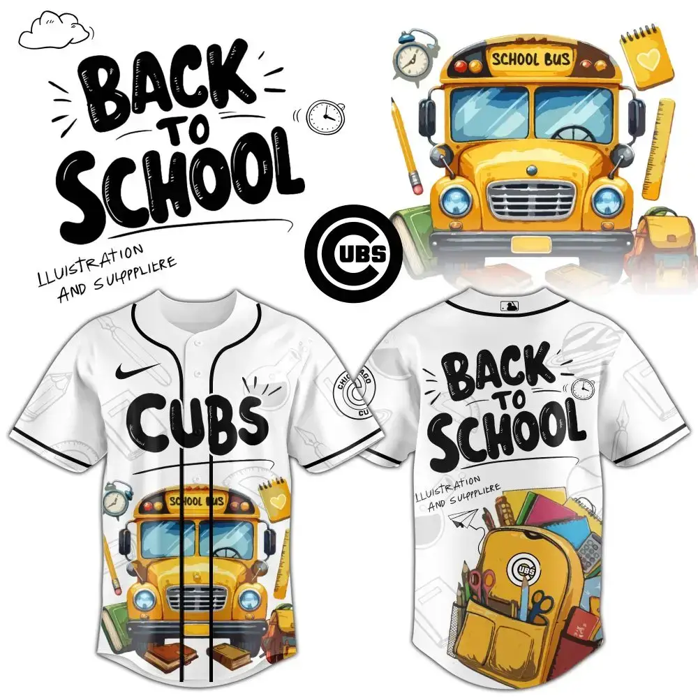 Back To School Cubs Baseball Jersey - Fun School Bus Design For Kids & Fans! Image