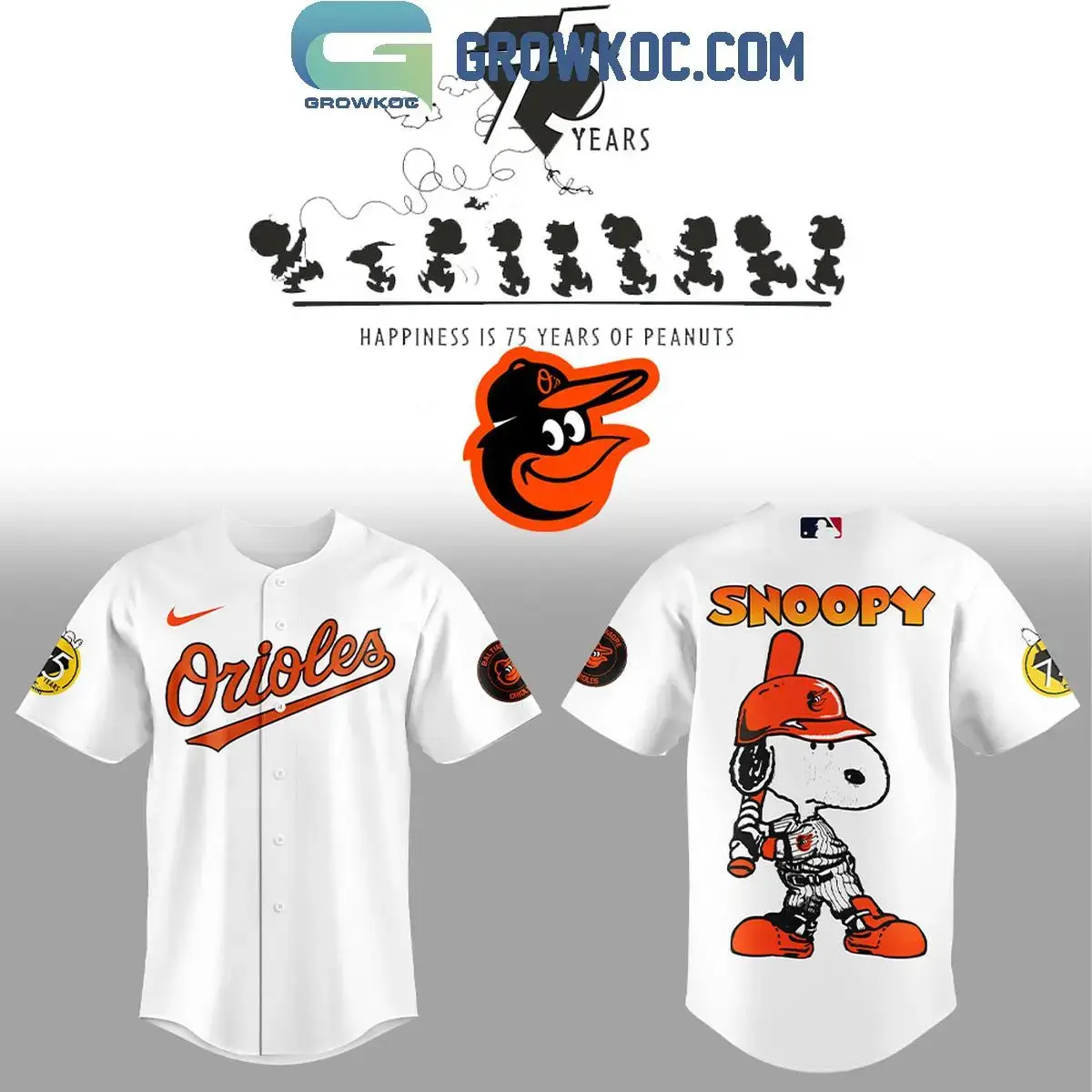 Baltimore Orioles Happiness Is 75 Years Of Peanuts Baseball Jersey Image
