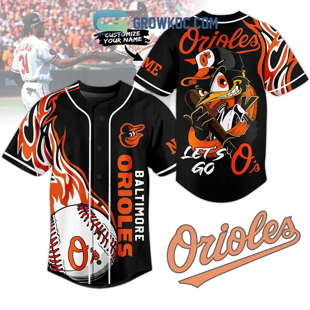 Baltimore Orioles Let's Go O's Fan Personalized Baseball Jersey Image