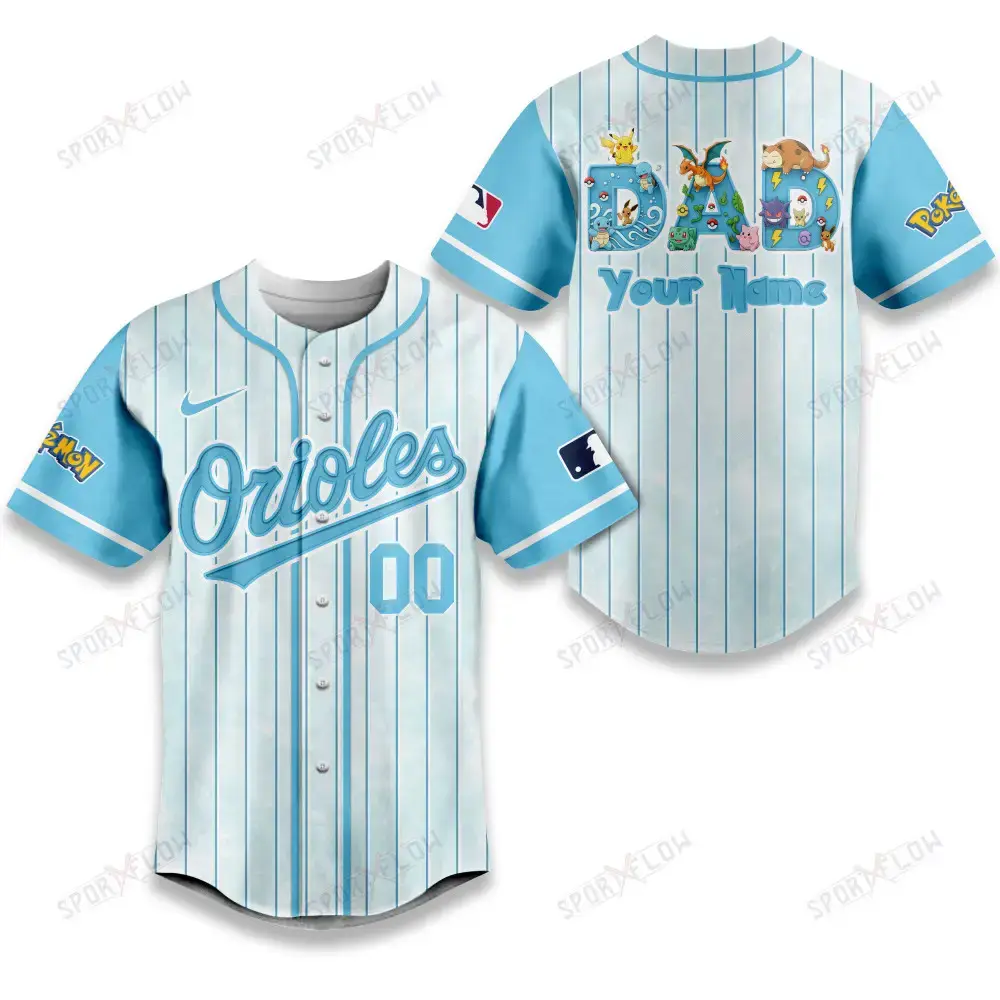 Baltimore Orioles X Pokemon Dad Pastel Blue Baseball Jersey Image