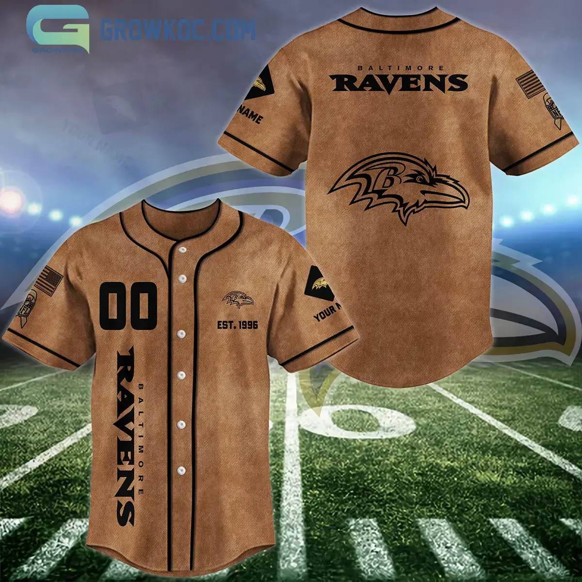 Baltimore Ravens Brown American Flag Personalized Baseball Jersey Image