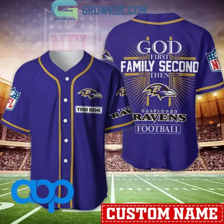 Baltimore Ravens NFL Personalized God First Family Second Baseball Jersey Image
