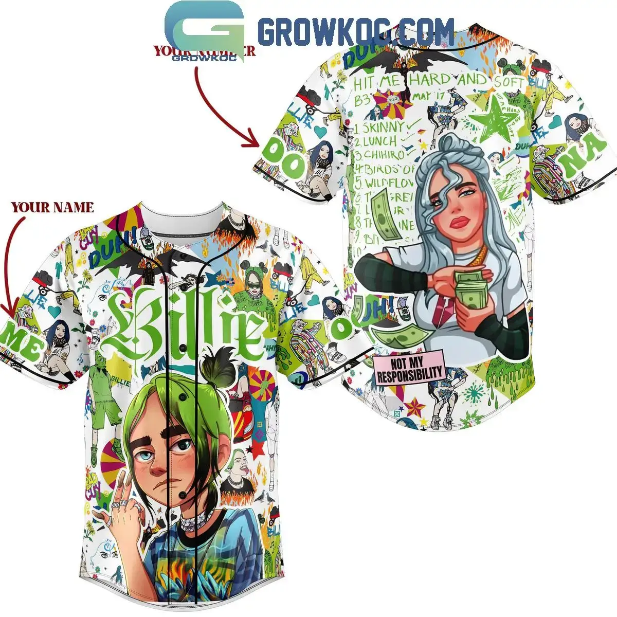 Billie Eilish Hit Me Hard And Soft Not My Responsibility Personalized Baseball Jersey Image