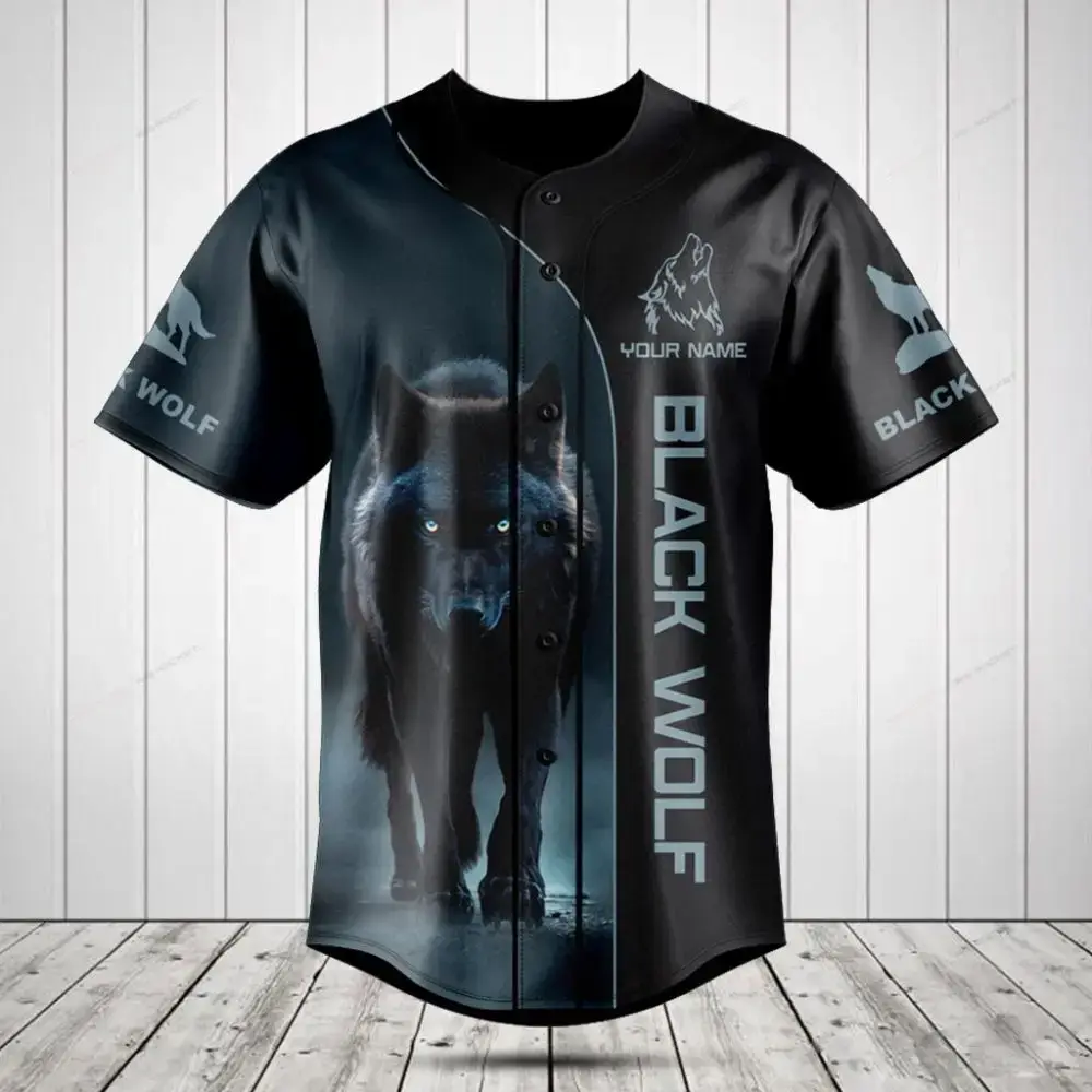 Black Wolf Baseball Jersey – Custom Name, Stylish Animal Print Apparel For Men & Women Image