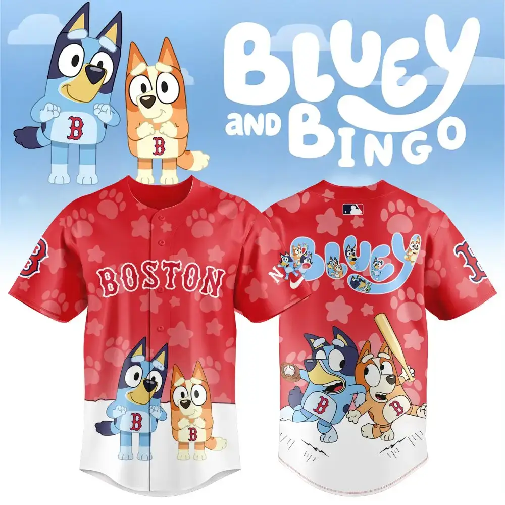 Bluey & Bingo Boston Baseball Jersey - Kids' Cartoon Sports Shirt - Fun & Playful Design Image
