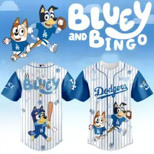 Bluey & Bingo Dodgers Baseball Jersey – Kids' Cartoon Sports Shirt Image