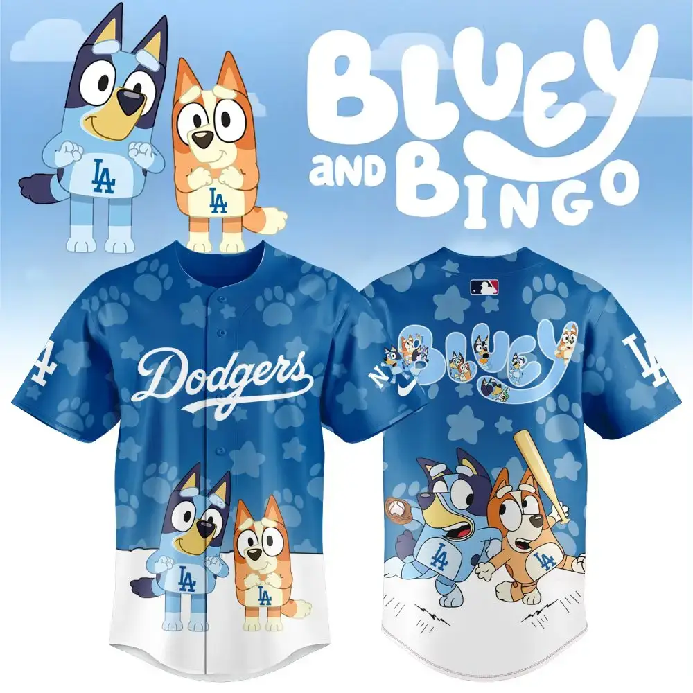Bluey & Bingo Dodgers Jersey - Fun Kids Baseball Shirt Gift - Official Mlb Apparel Image