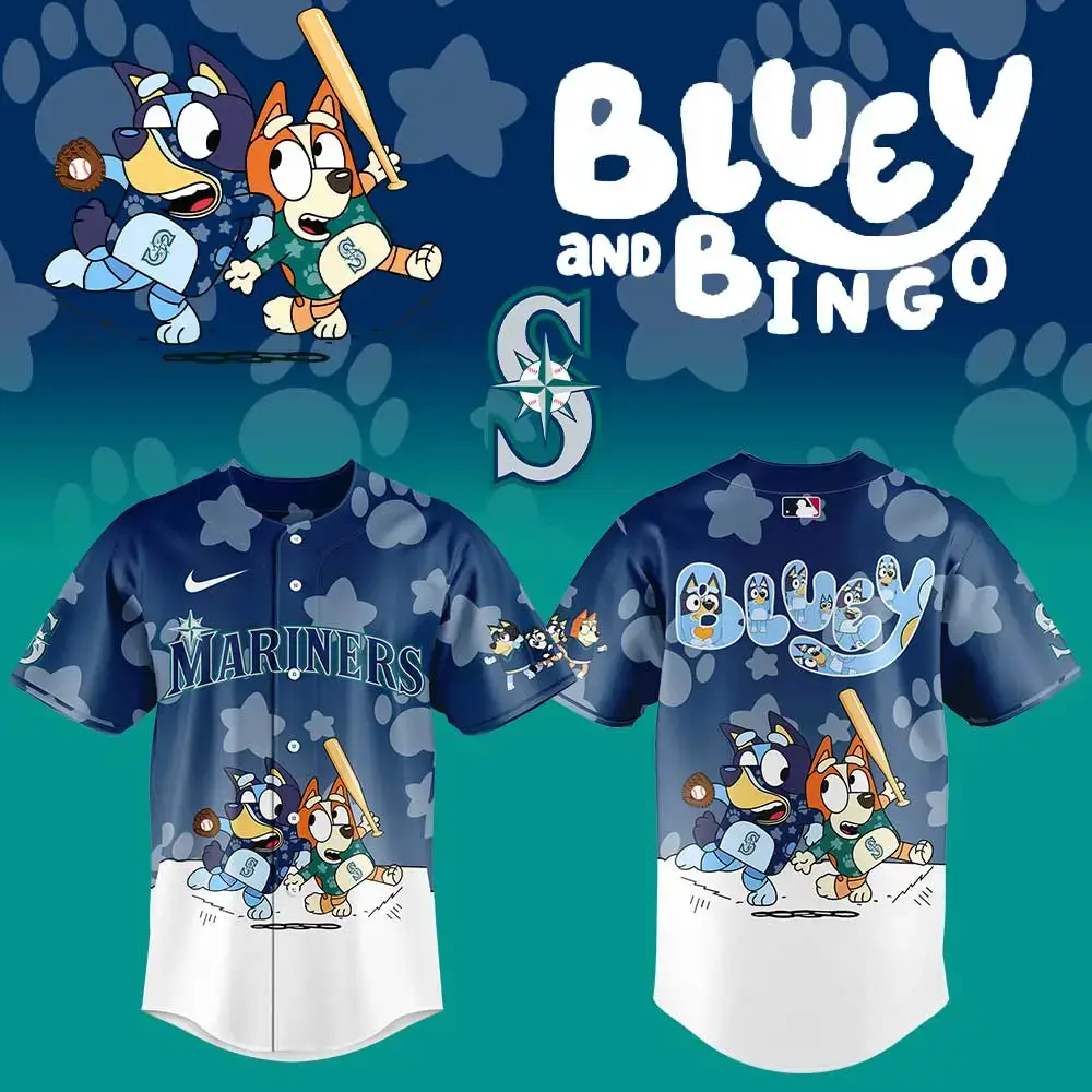 Bluey & Bingo Mariners Kids Jersey - Official Mlb Baseball Shirt - Fun & Playful Design For Young Fans! Image
