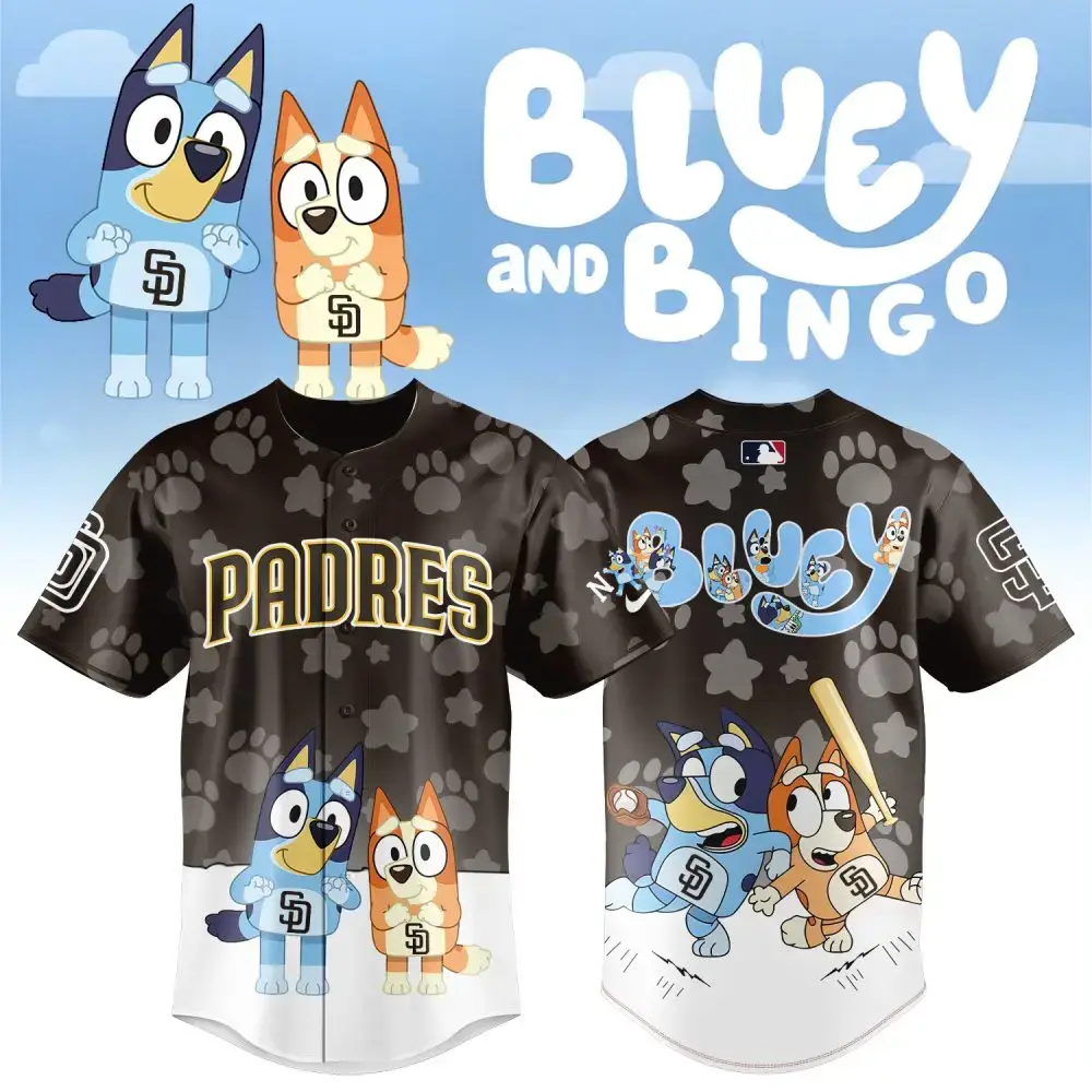 Bluey & Bingo Padres Baseball Jersey - Fun Cartoon Design For Kids & Fans! Image