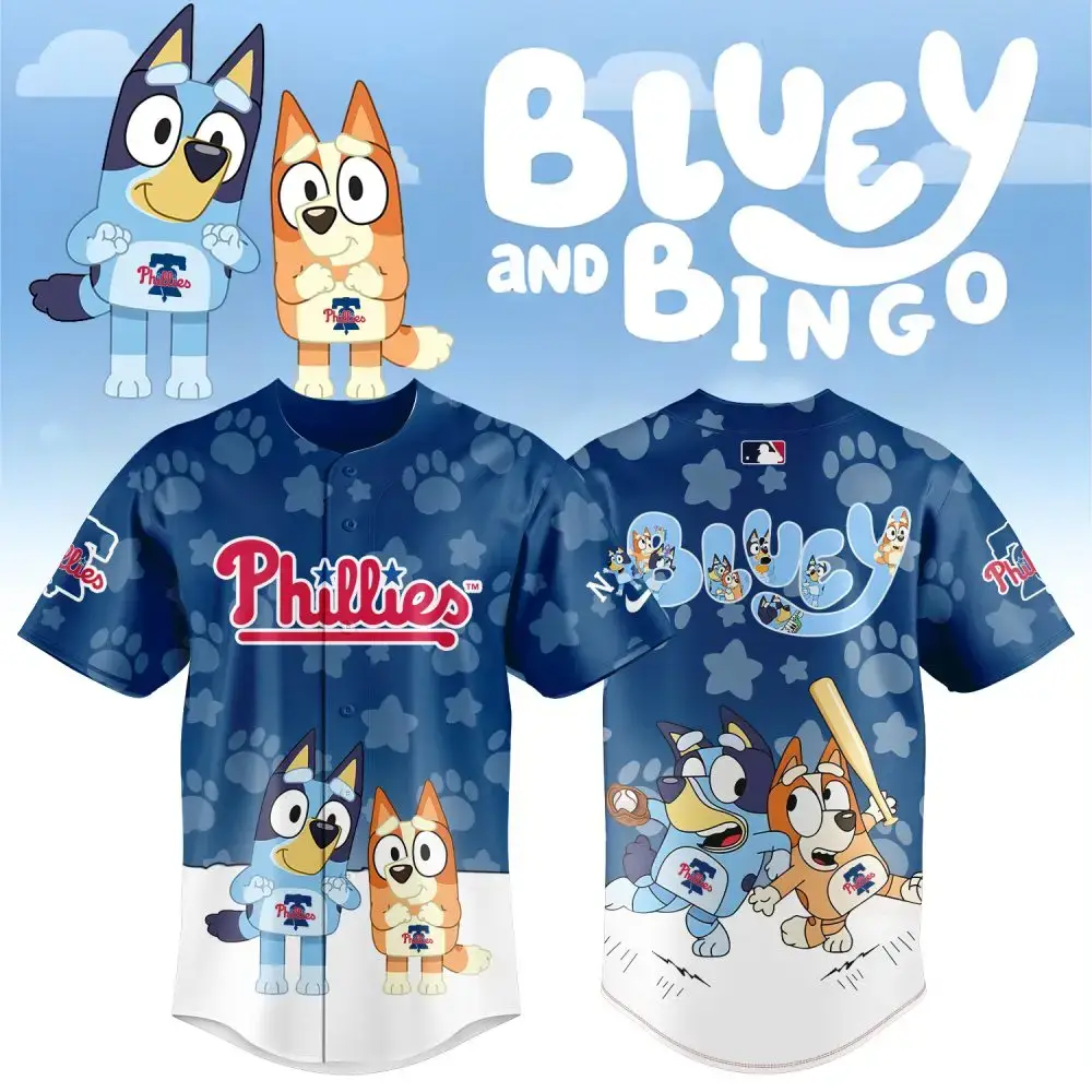 Bluey And Bingo Phillies Kids' Baseball Jersey - Fun Cartoon Design Image