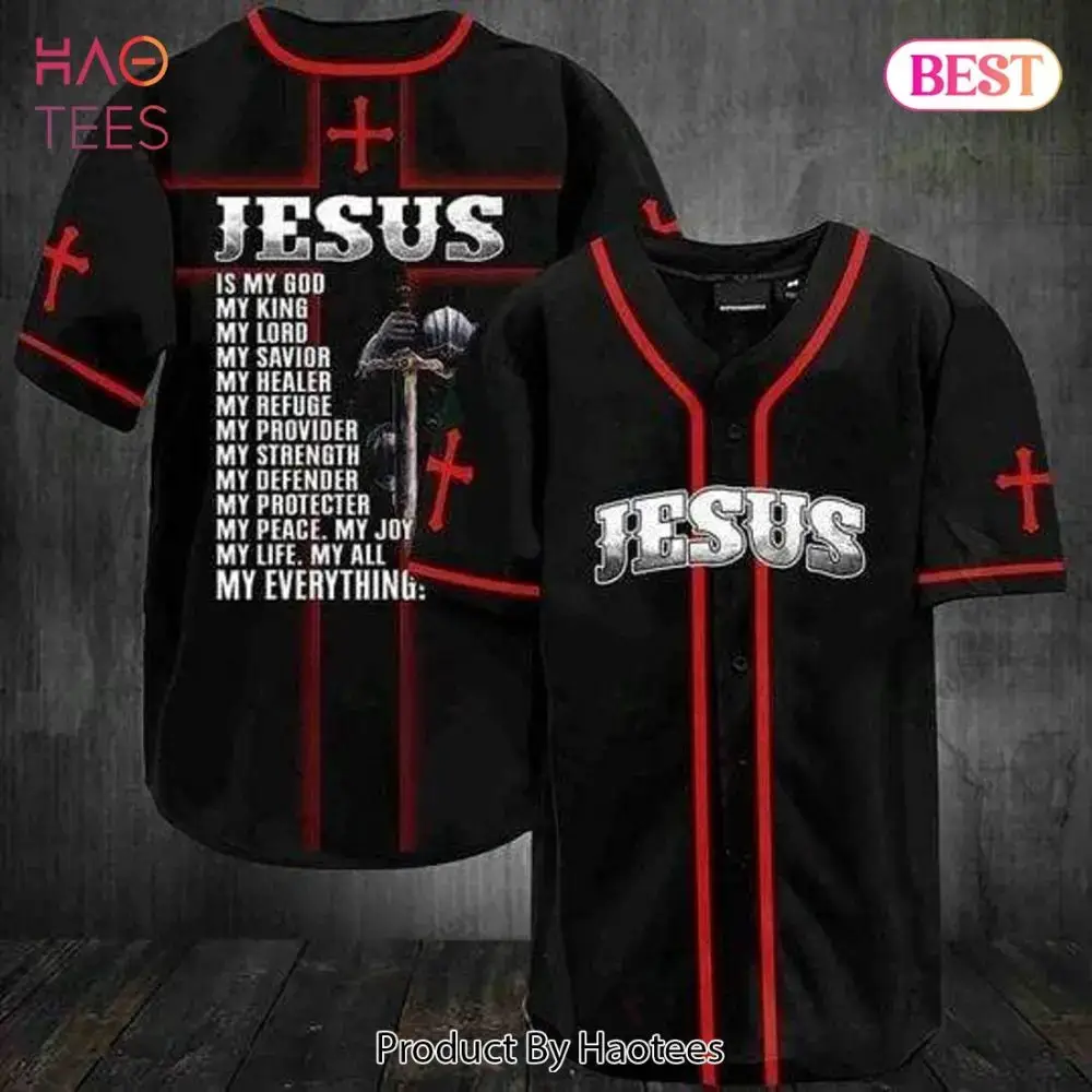 Bold 'Jesus' Baseball Jersey - Faith-Inspired Design, Black & Red, Unisex Image