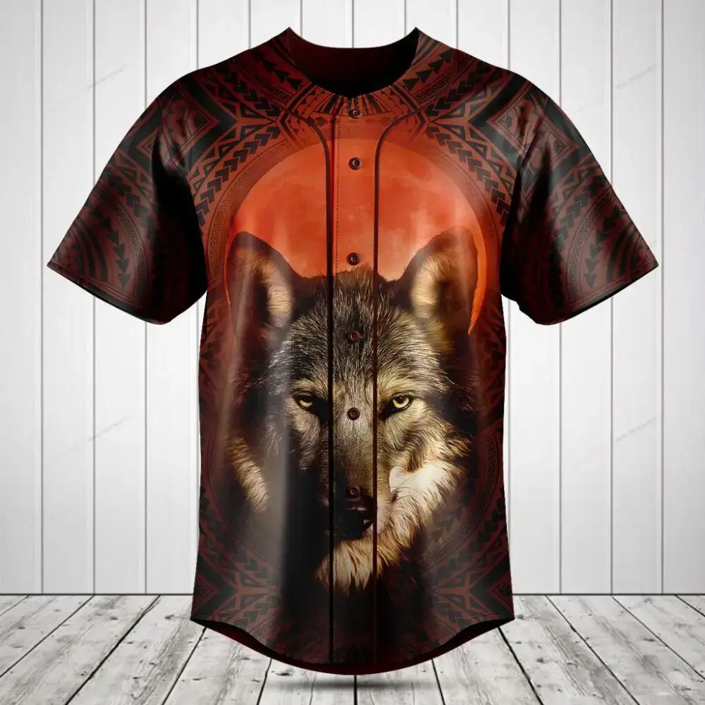 Bold Wolf Graphic Baseball Jersey - Tribal Design, Unisex All-Over Print Shirt For Outdoor & Casual Wear Image