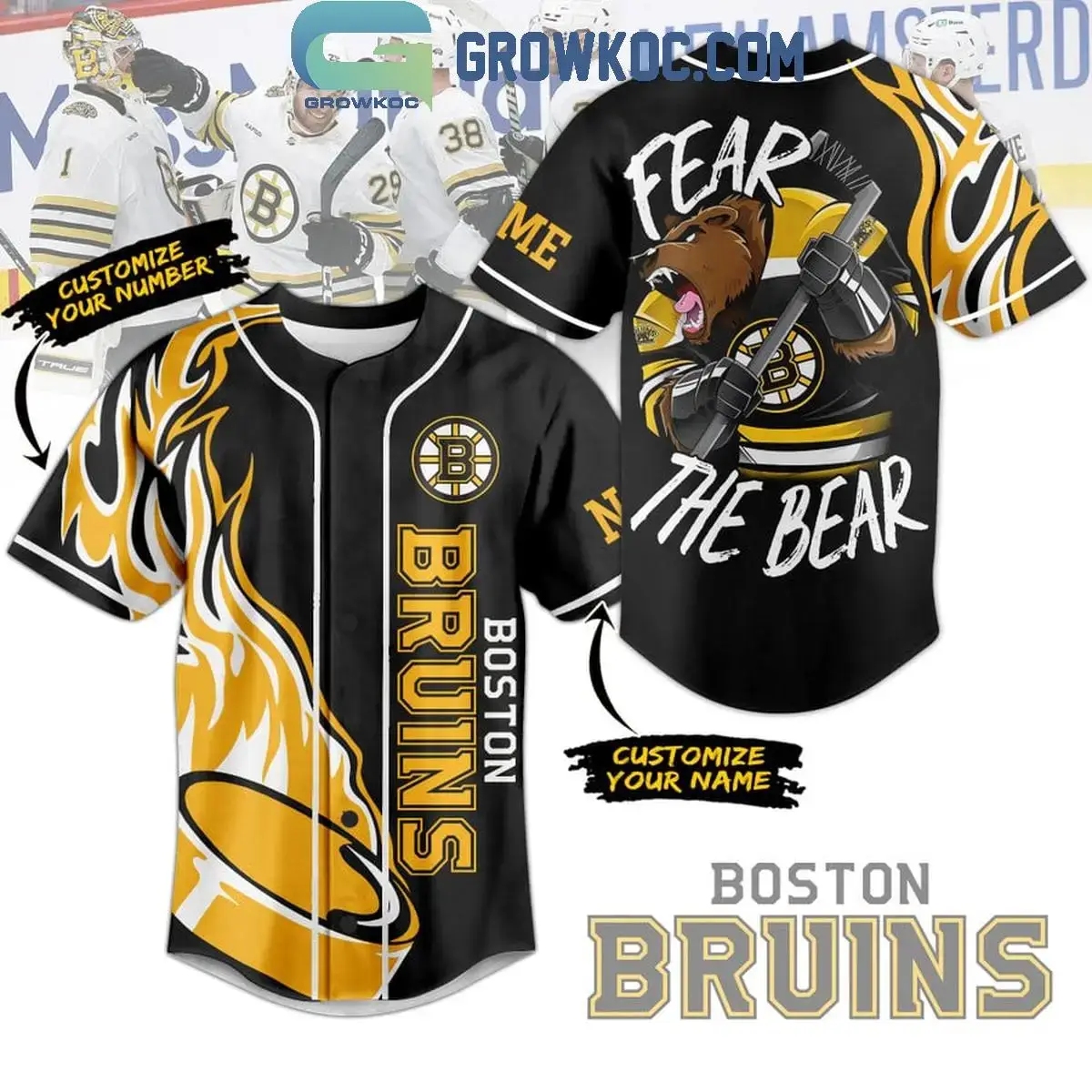 Boston Bruins Fear The Bear Flame Personalized Baseball Jersey Image