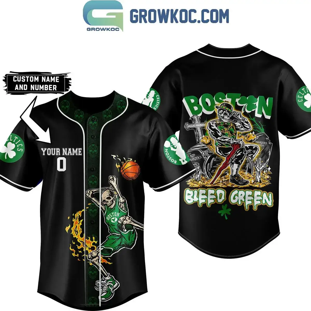 Boston Celtics Fan Skull Bleed Green Fan Personalized Baseball Jersey Image